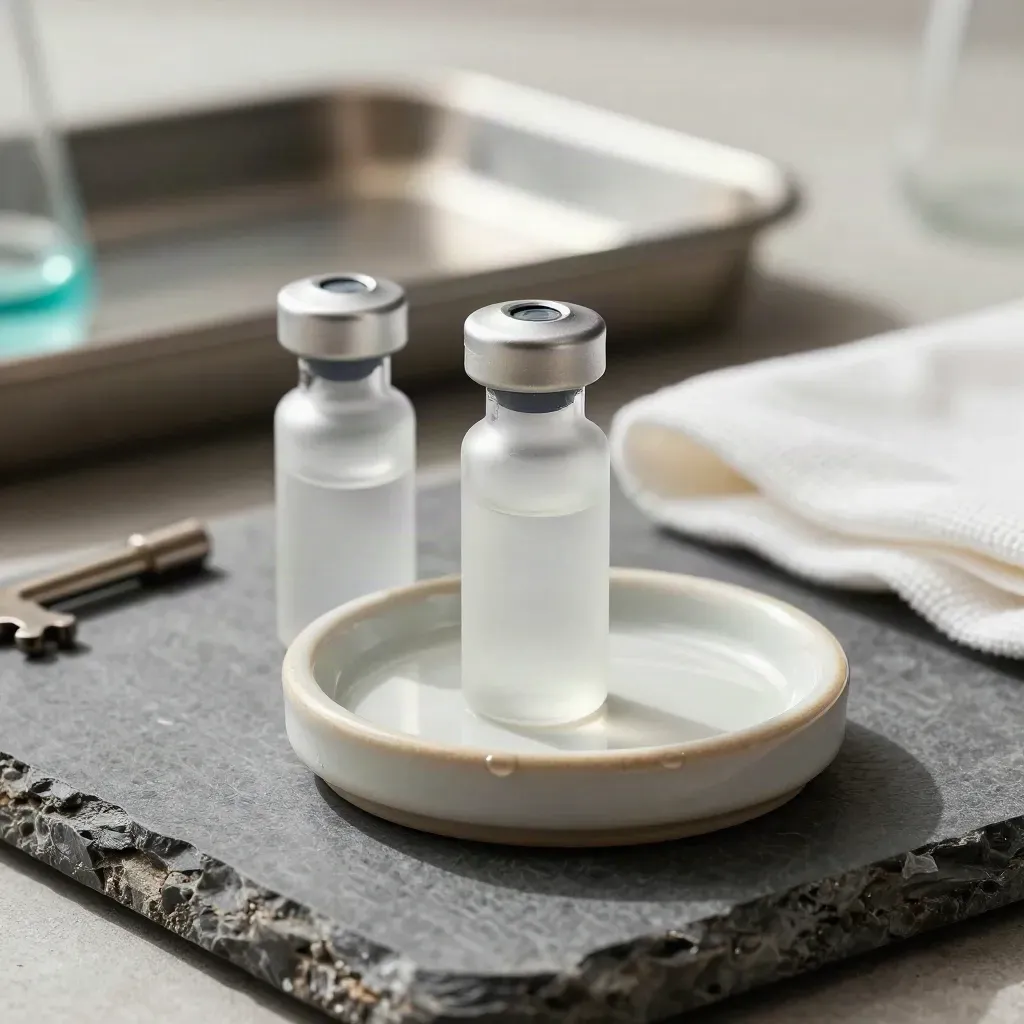 Extreme macro of frosted biotech vials and a ceramic sample dish on graphite stone.