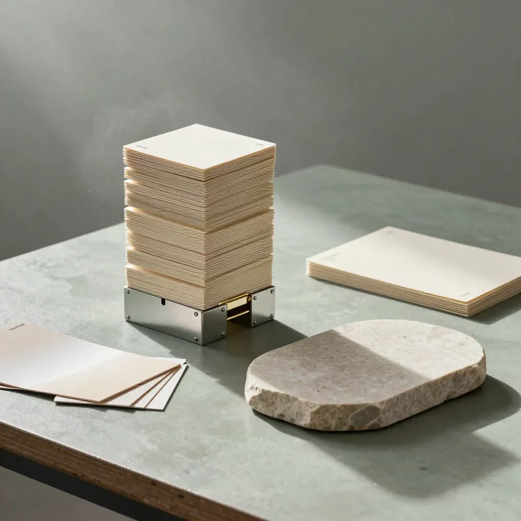Innovation still life with concept cards, metal blocks, brass rails, and a stone prototype plate.
