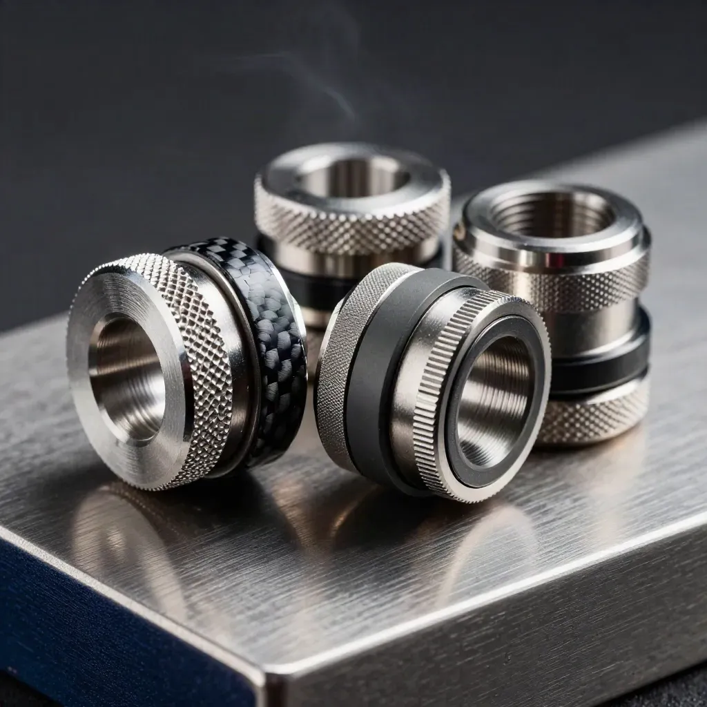 Machined metal couplings, carbon-fiber spacer, and gasket ring on brushed steel in dramatic light