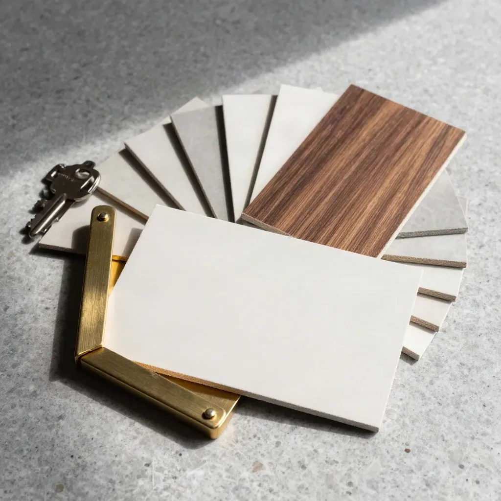 Top-down still life of plaster chips, brass clips, and walnut veneer on pale stone.