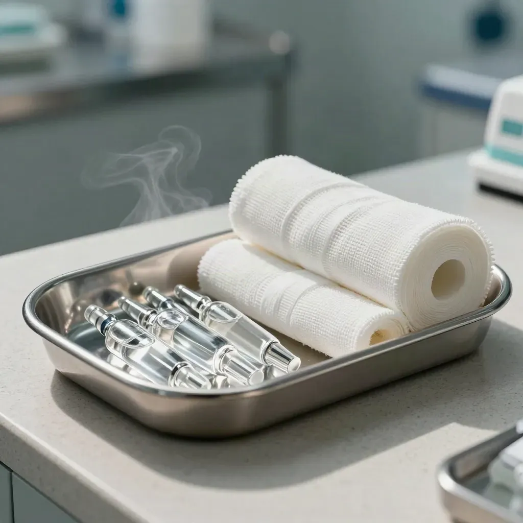 Steel instrument tray with ampules and gauze rolls on a pale stone clinical surface.