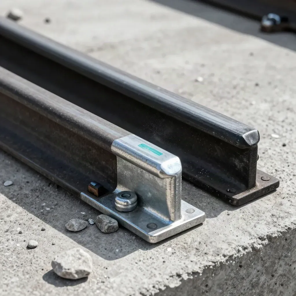 Steel rail clips and fastening plate on concrete with ballast stone, lit from the side.