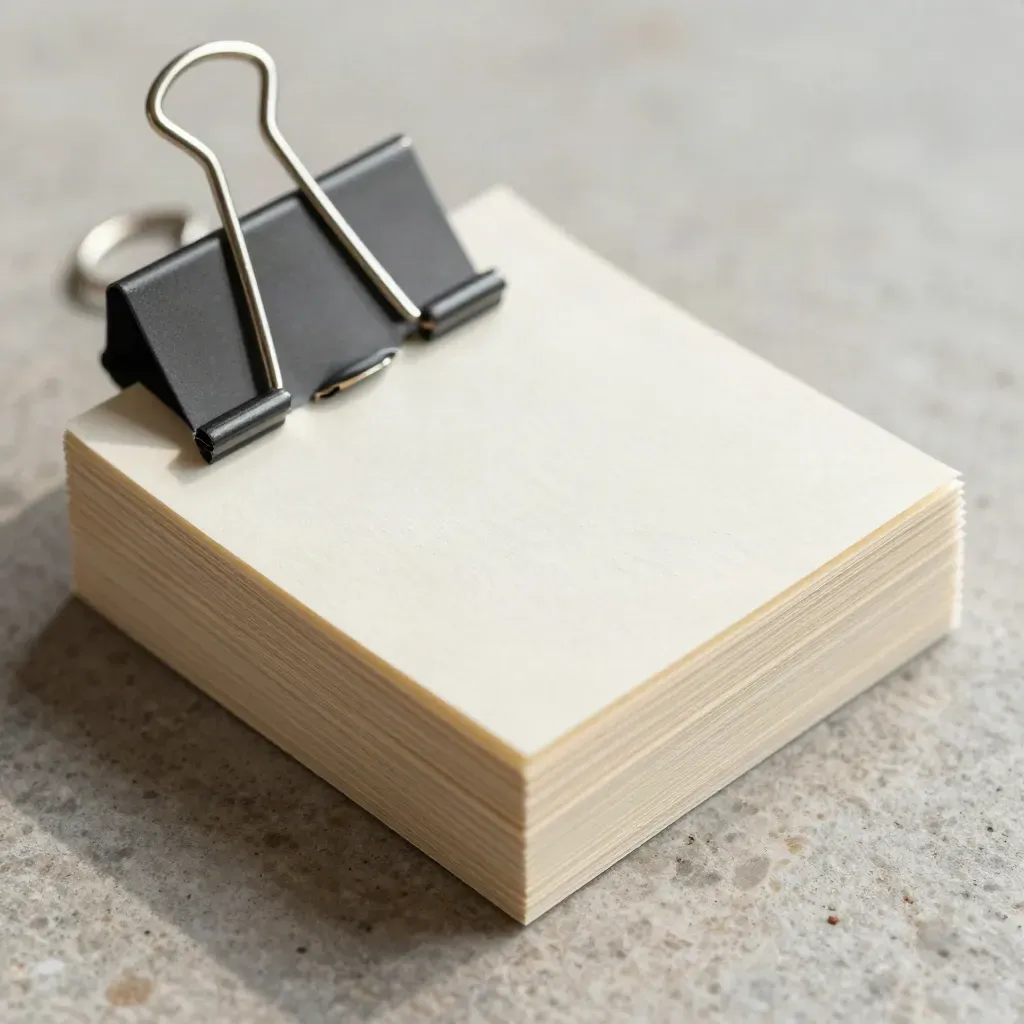 Extreme macro of a clipped ivory idea-card stack with brass markers on grey stone.
