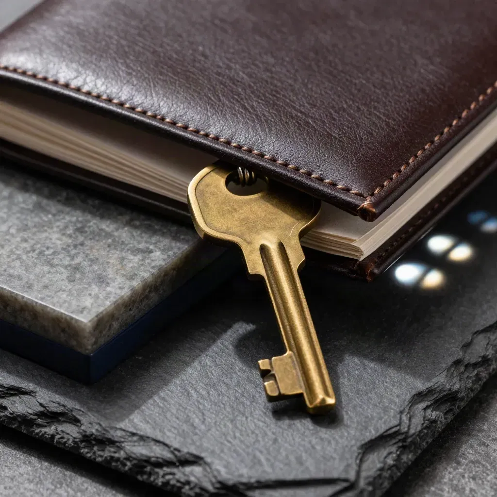 Brass key tucked under a leather portfolio beside a stone paperweight on slate.