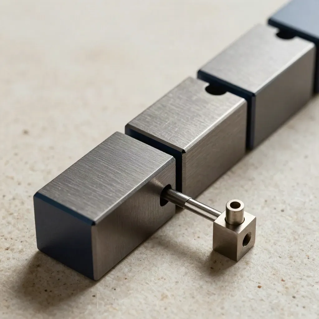 Magnetic workflow blocks and steel spacers lock into sequence on a matte stone surface.