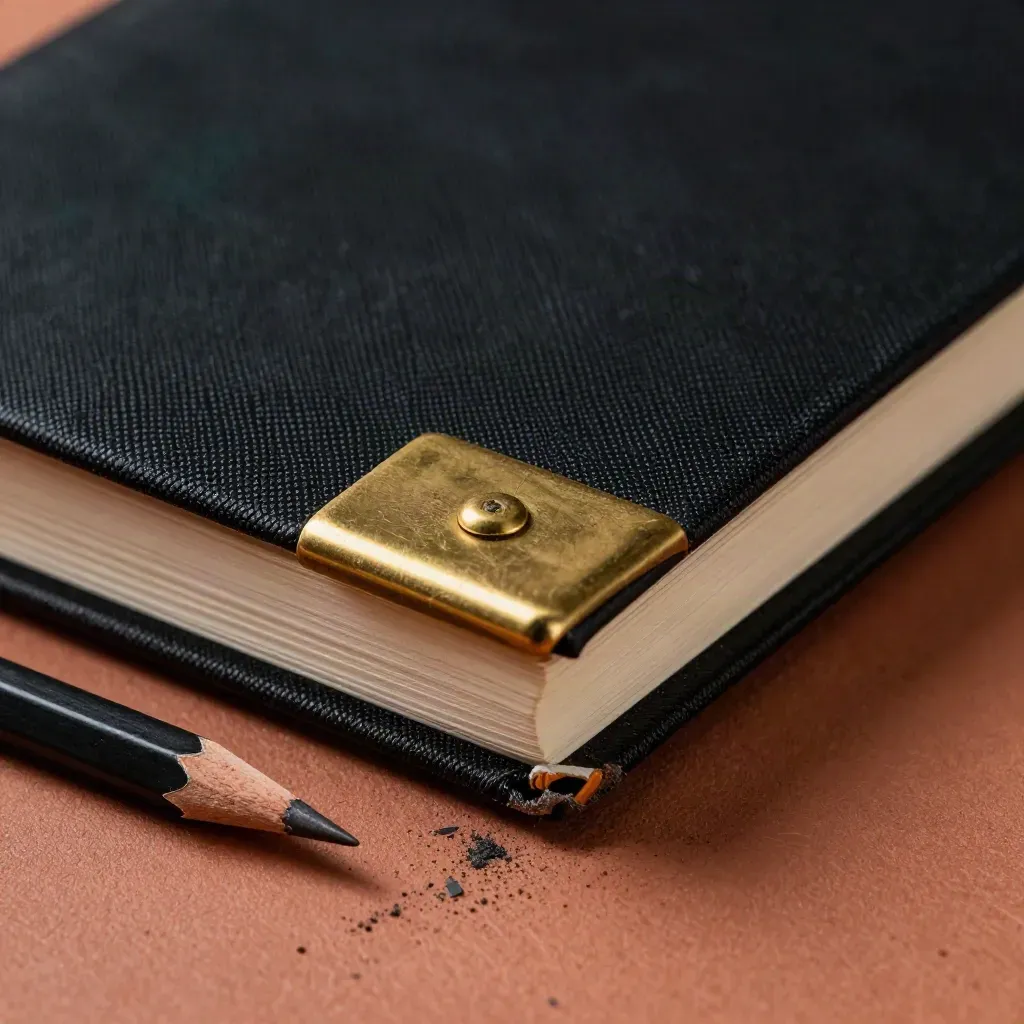 Macro of a cloth-bound logbook with a brass marker and pencil stub on terracotta stone.
