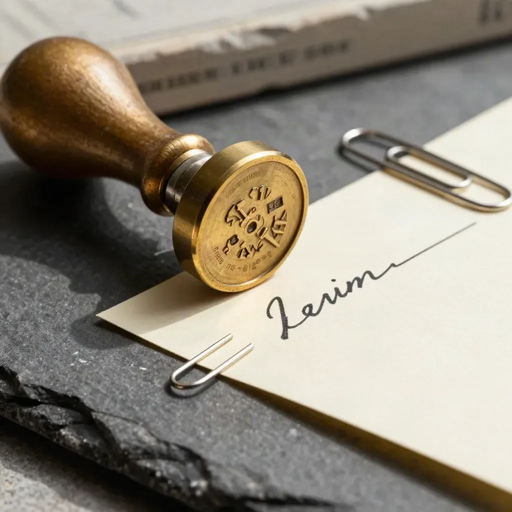 Brass approval stamp pressed into a folded card beside two steel paperclips on pale stone.