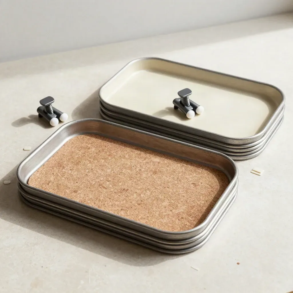 Matte trays, cork tile, and spring clamps on pale stone in soft overhead light.