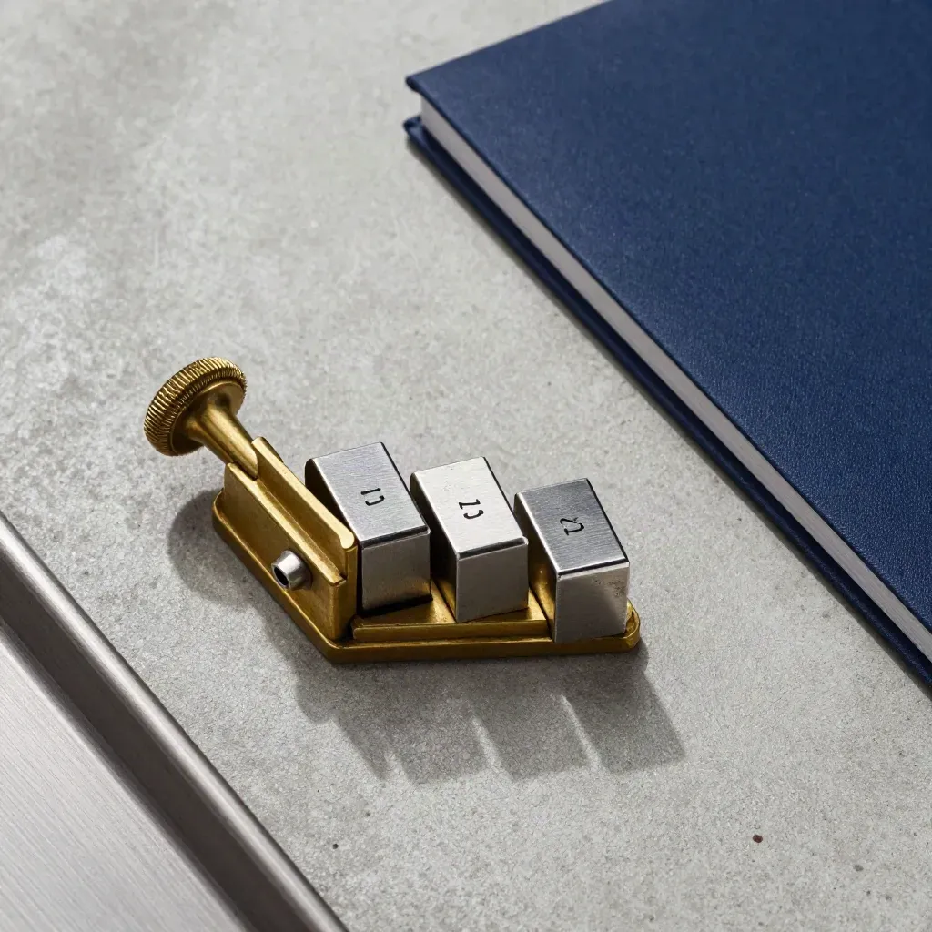 Brass tally counter, steel blocks, and a navy folio arranged on cool concrete in a tight macro.