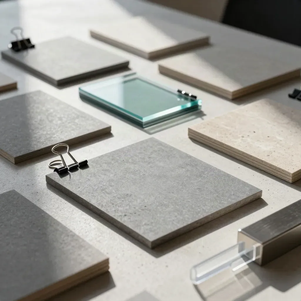 Prototype tiles and acrylic spacers on a table, shot through frosted glass.