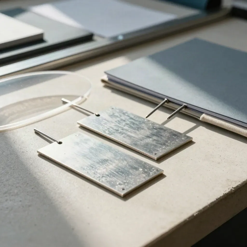 Top-down release cards, pins, and a closed folio on concrete in soft daylight.