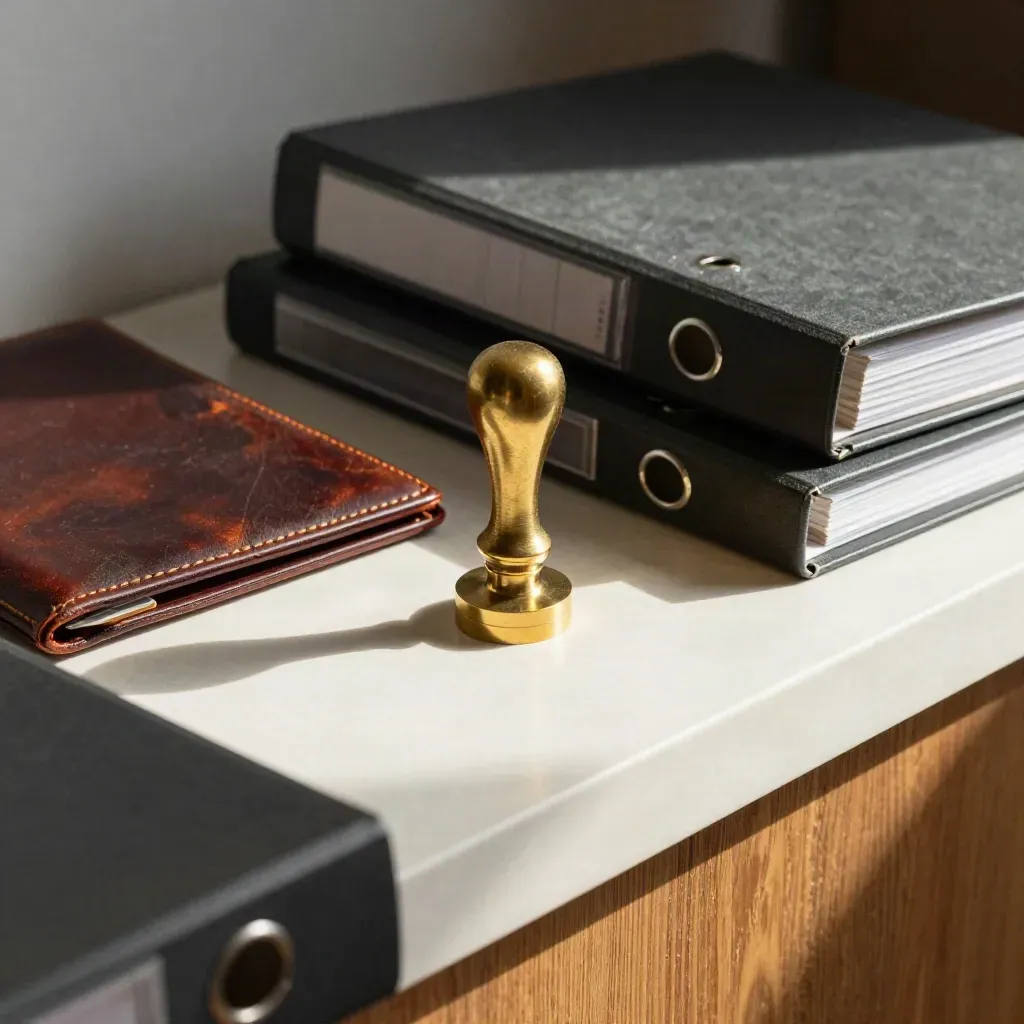 Brass approval seal beside leather folio and three closed binders on pale plaster
