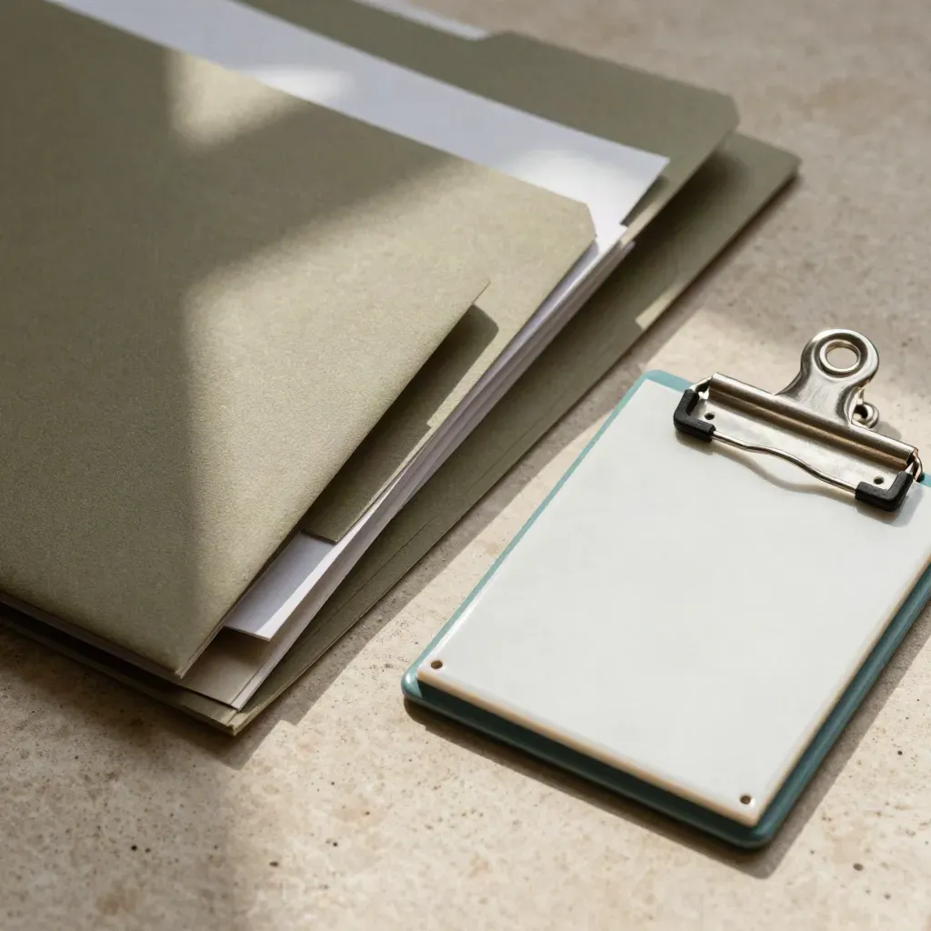 Overhead folders, metal clip tray, and blank modular tile on stone with teal accents.