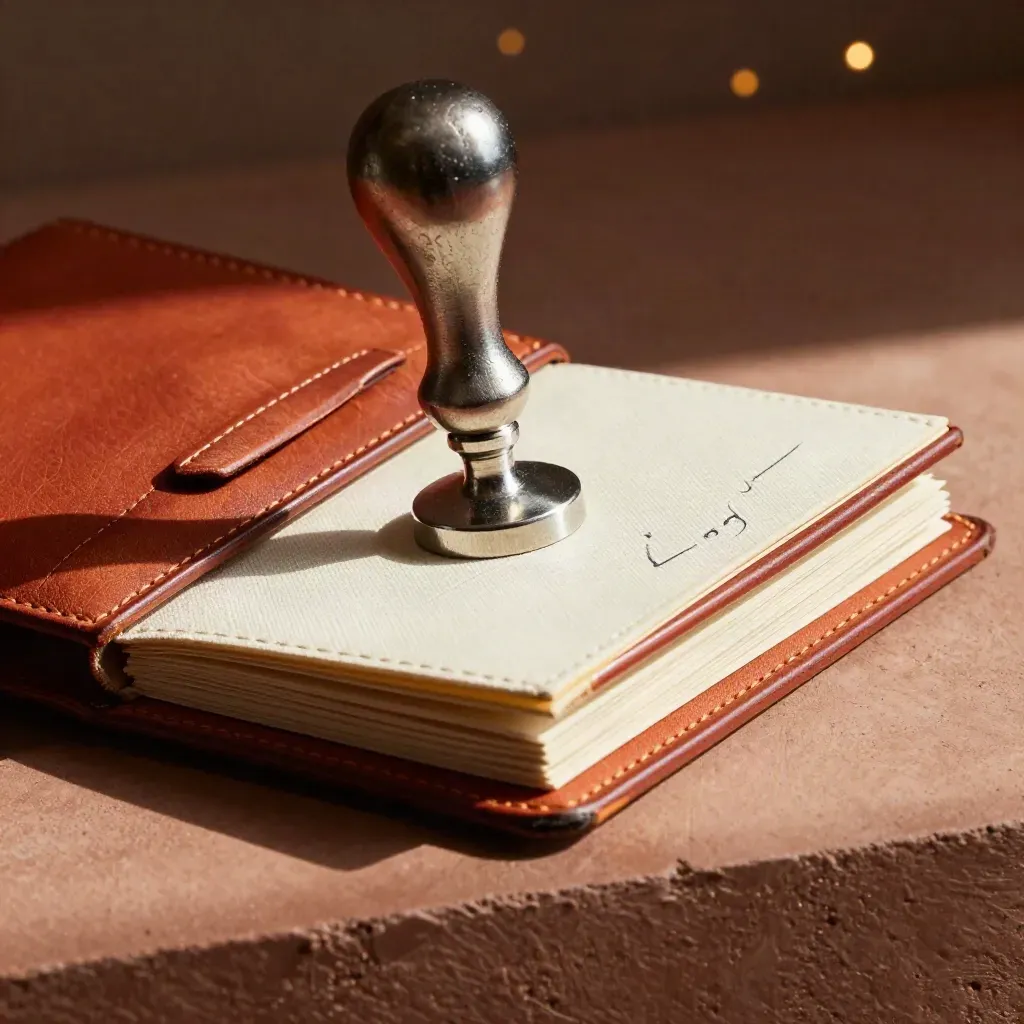 Closed file wallets with a steel decision token and white approval seal on a terracotta ledge.