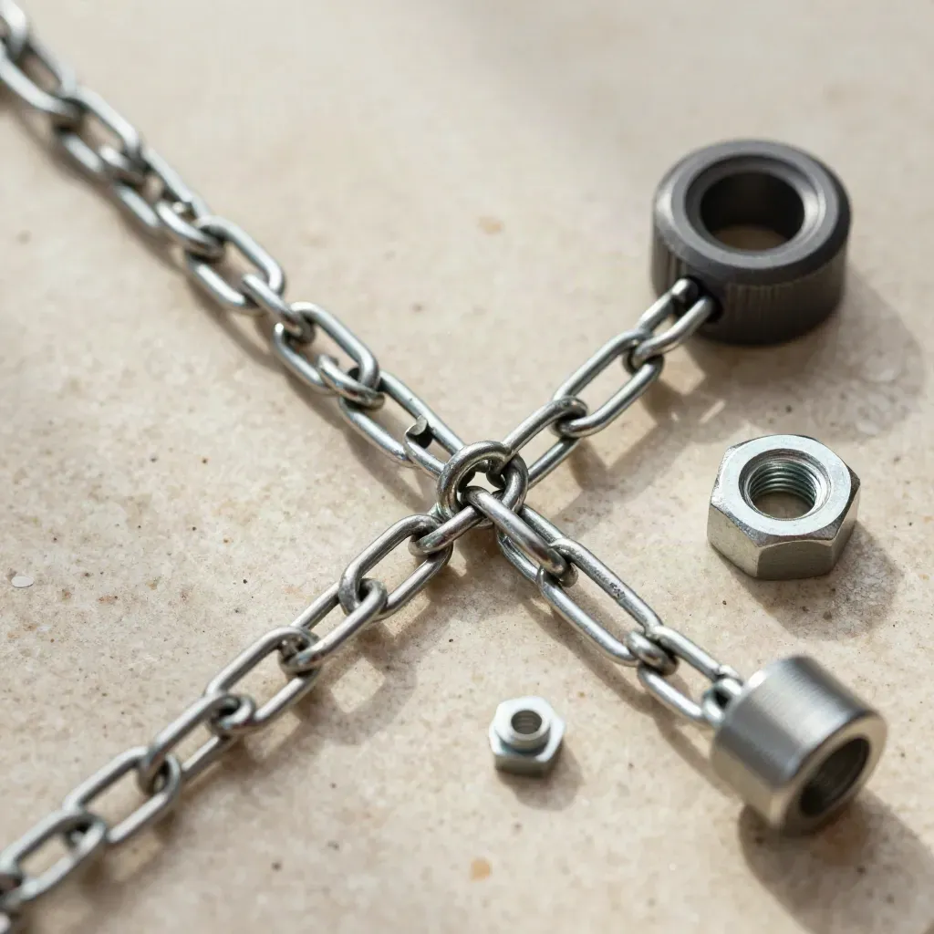 Macro flatlay of steel links, hex fastener, and graphite spacer on limestone