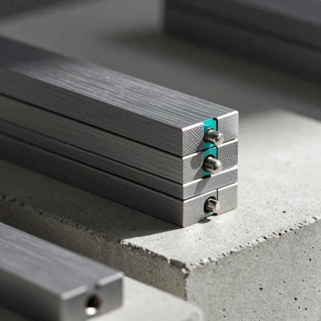 Precision blocks with locking pins on a concrete bench, teal accent, low raking light.