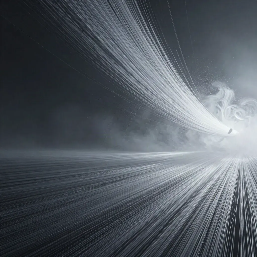 Silver light filaments bloom in a dark graphite void, drifting with misty particles.