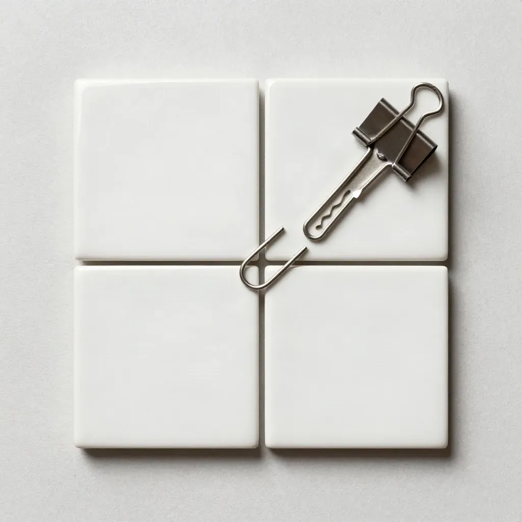Four ceramic tiles, a paperclip loop, and an aluminum joiner on pale plaster.